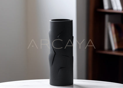 Vintage Black White Relief Cylinder Ceramic Vase - scene