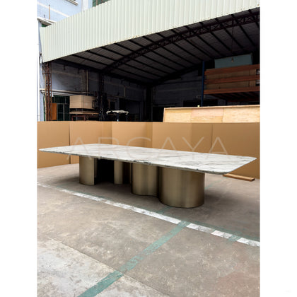 Natural Stone Top Metal Base Dining Table - scene