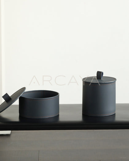 Dark Grey Leather Lidded Storage Jar - scene