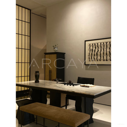 Red Oak Marble Black White Dining Table - scene
