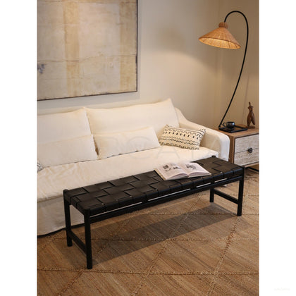 Minimalist Leather Teak Bench - scene