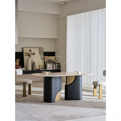 Jade Rabbit Travertine Wood Dining Table - scene