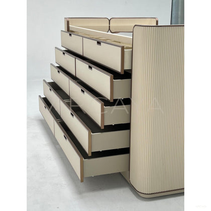Vertical Stripe Upholstered Vanity Chest - scene