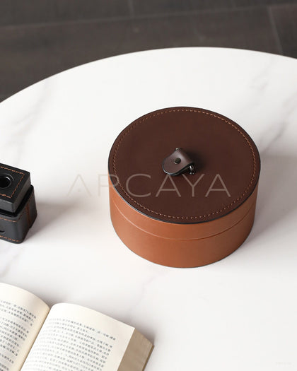 Caramel Brown Leather Round Storage Box - scene