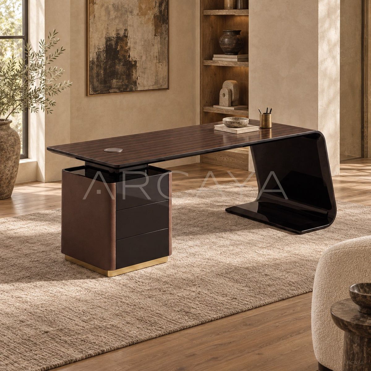 Italian Lacquered Curved Executive Desk in detail