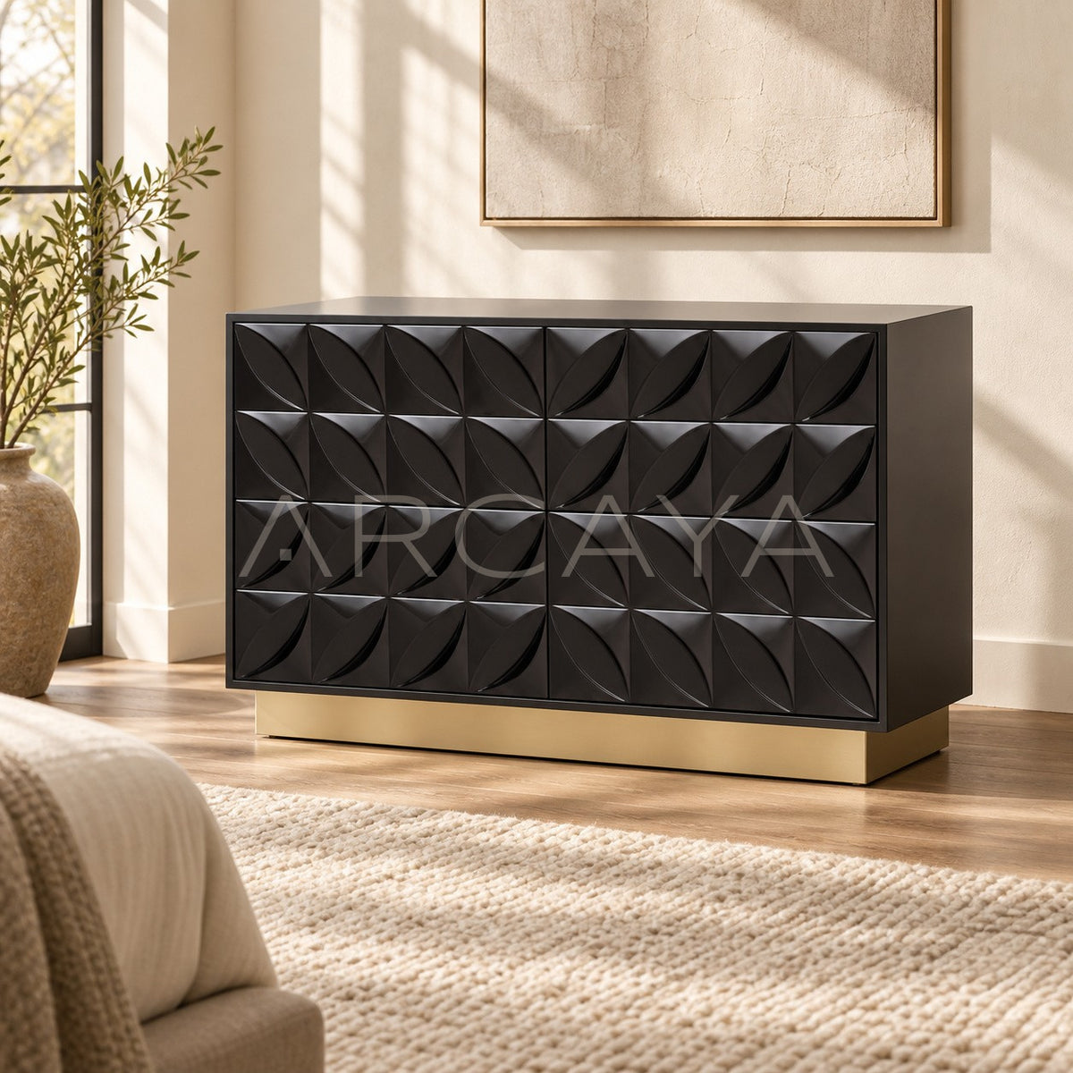 Black 3D Relief Four Drawer Chest in detail