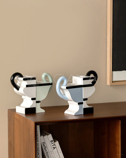 Double Ear Two Tone Geometric Ceramic Vase - scene