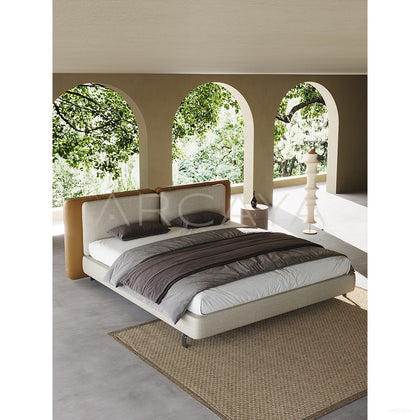 Saddle Leather Linen Wide Headboard Bed - scene