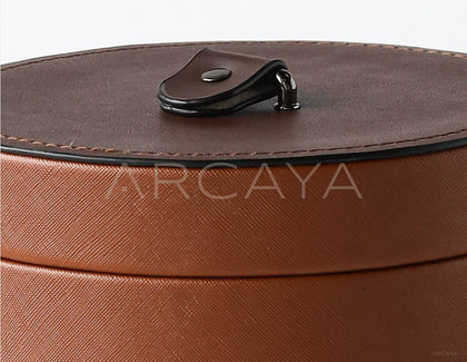 Caramel Brown Leather Round Storage Box - scene