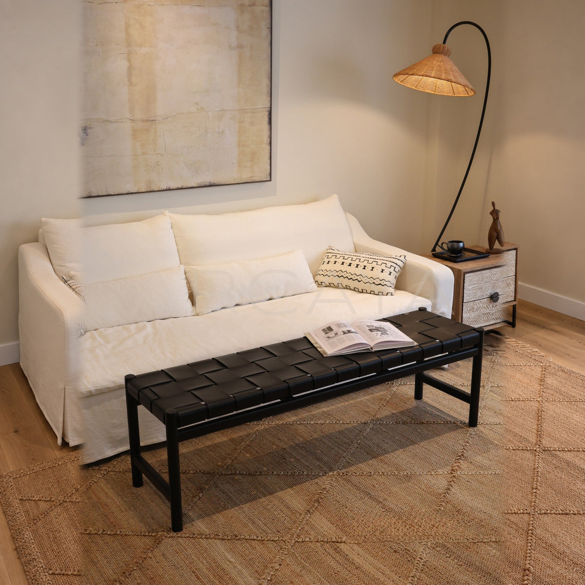 Minimalist Leather Teak Bench in detail