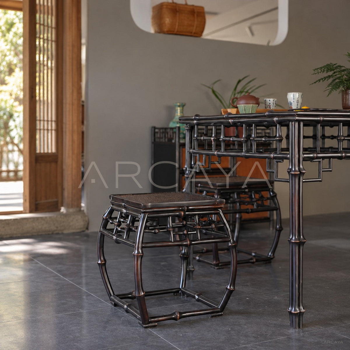 Square Bamboo Drum Stool in detail