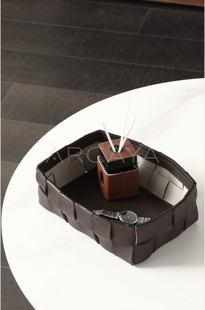 Handwoven Leather Storage Basket - scene