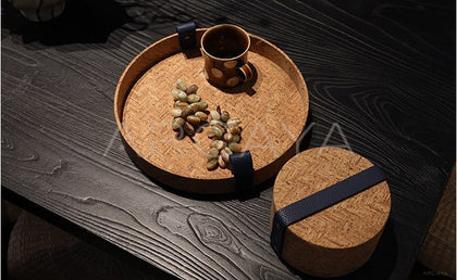 Natural Cork Woven Round Tray With Handle - scene