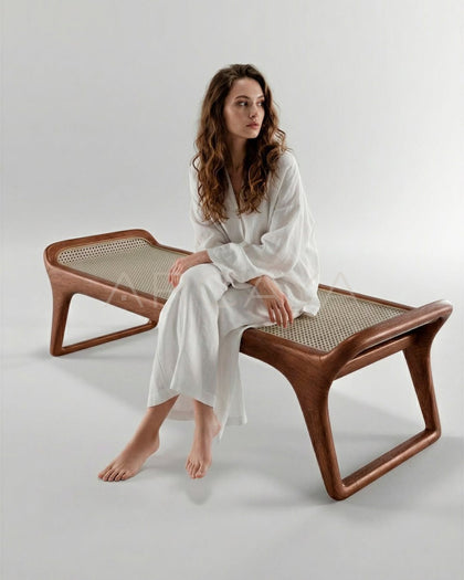 Walnut Rattan Woven Bench - scene