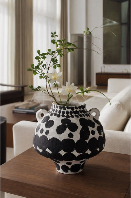 Wabi Sabi Black White Polka Dot Double Ear Vase - scene