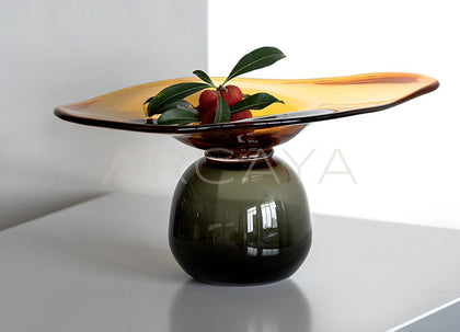Amber Black Handmade Footed Glass Fruit Bowl - scene