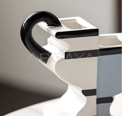 Double Ear Two Tone Geometric Ceramic Vase - scene