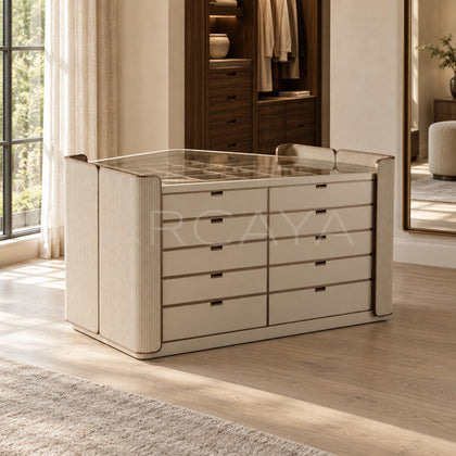 Vertical Stripe Upholstered Vanity Chest - scene