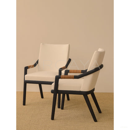 Old Money Oak Dining Chair Woven Leather Arms - scene
