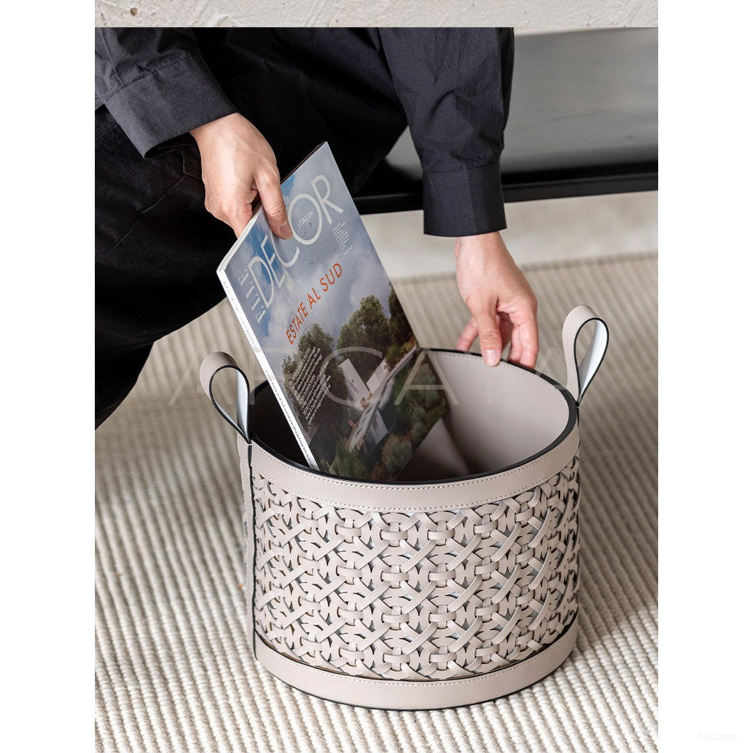 Handwoven Leather Magazine Basket in detail