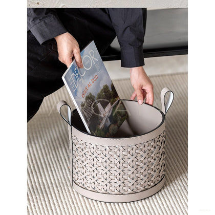 Handwoven Leather Magazine Basket - scene