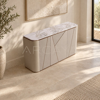 Geometric Leather Sintered Stone Sideboard - scene