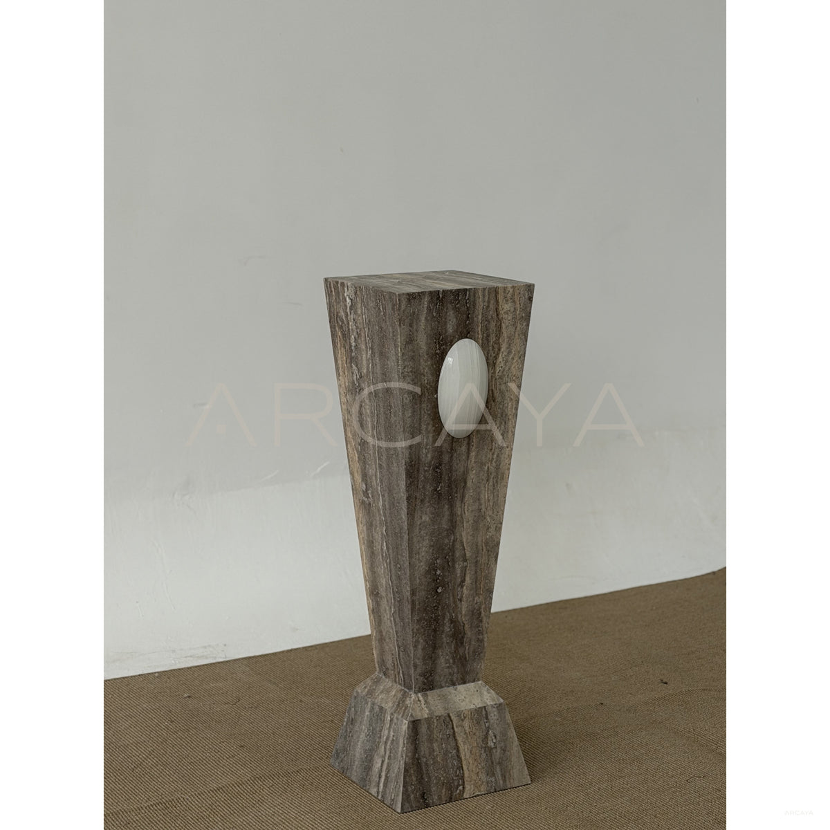 Oval White Jade Silver Travertine Sculpture Pedestal in detail