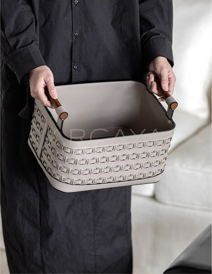 Handwoven Leather Wardrobe Basket Wood Handles - scene