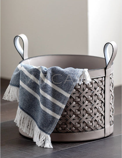 Handwoven Leather Magazine Basket - scene