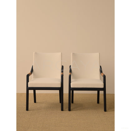 Old Money Oak Dining Chair Woven Leather Arms - scene