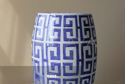 Blue White Fretwork Hand Painted Ceramic Drum Stool - scene