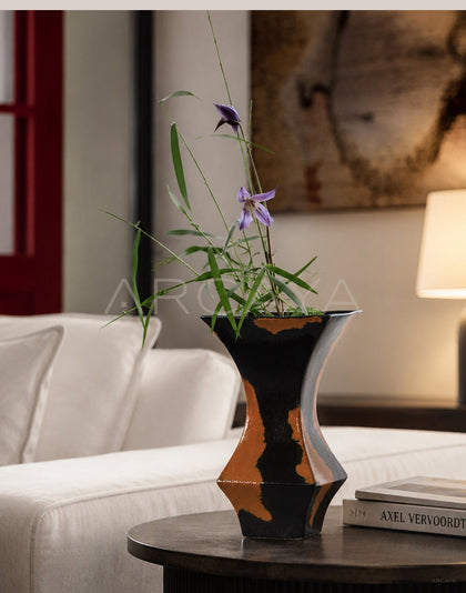 Mid Century Black Brown Kiln Glaze Vase - scene