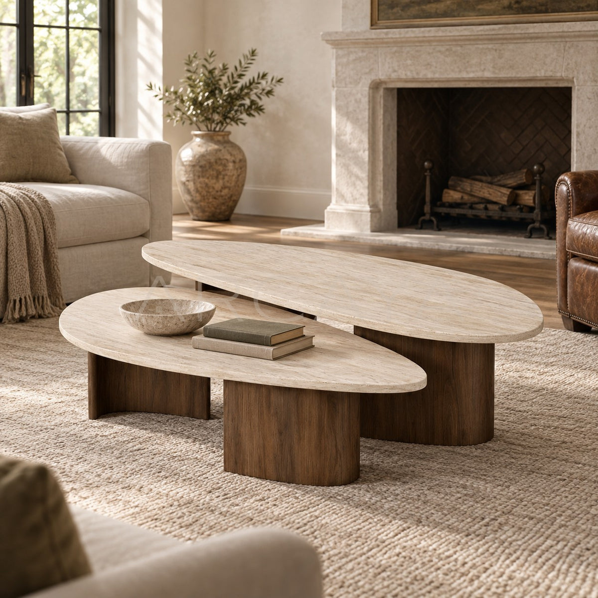 Aston Travertine Solid Wood Coffee Table in detail