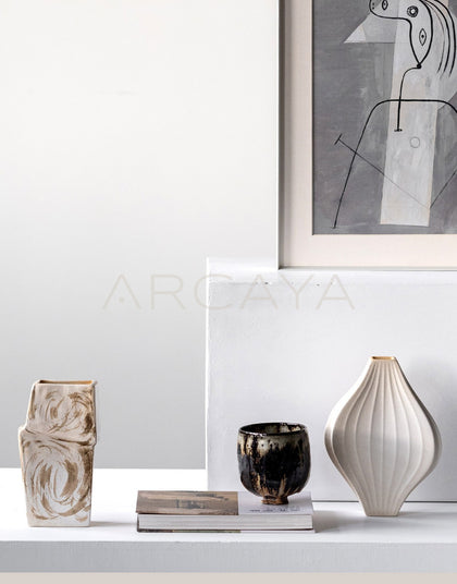 Handmade Ribbed Plain White Ceramic Vase - scene