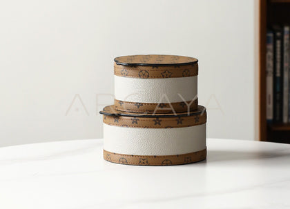 Vintage Two Tone Leather Round Storage Box - scene