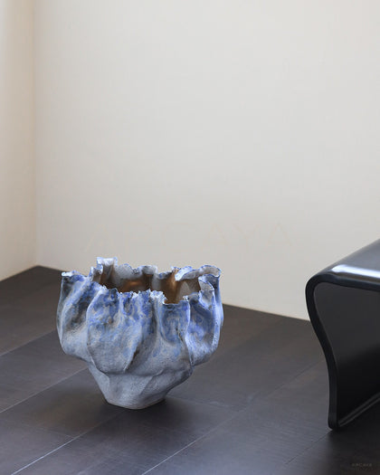 Hand Pinched Pleated Blue Grey Stoneware Vase - scene