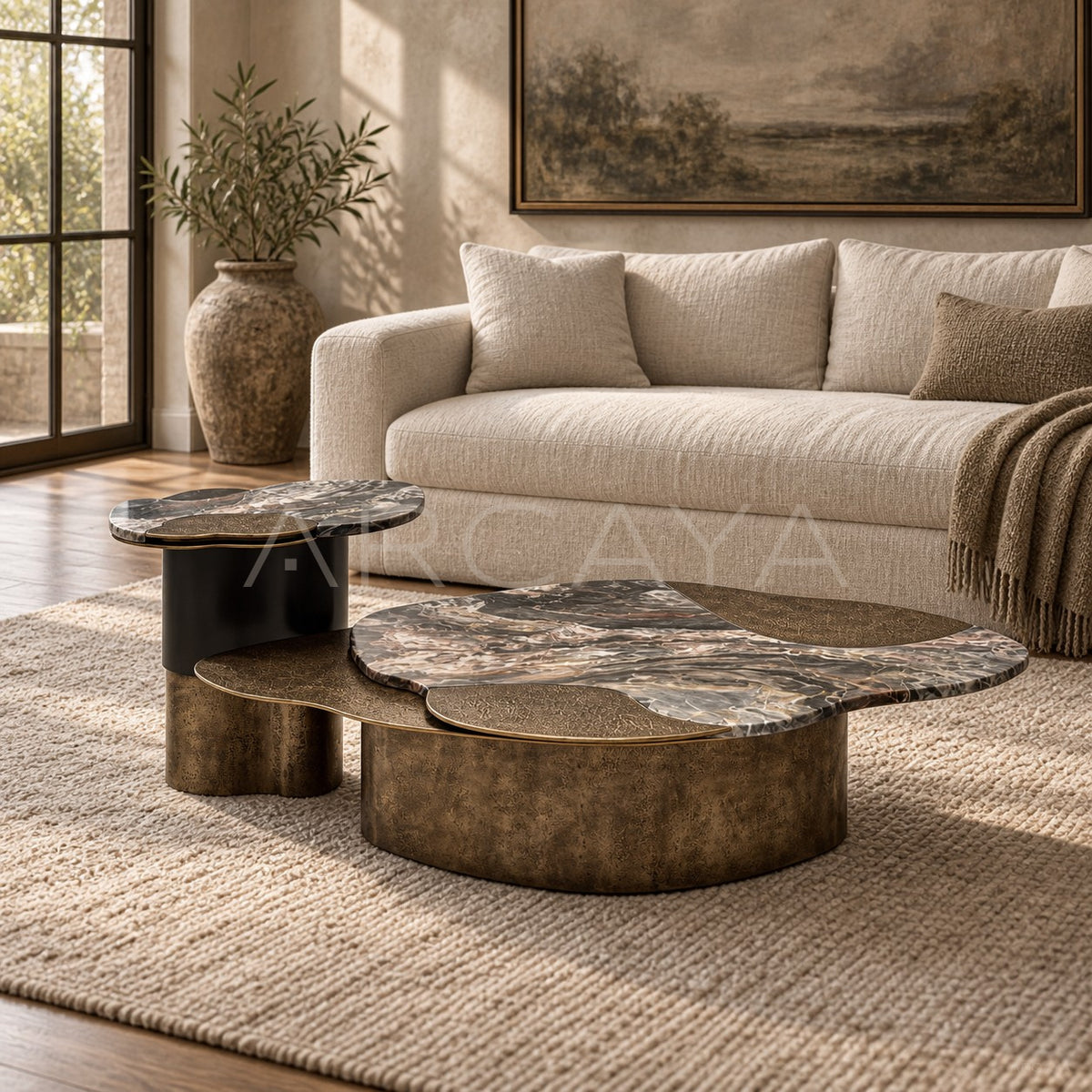 Aston Gilded Hand Forged Metal Marble Side Table in detail