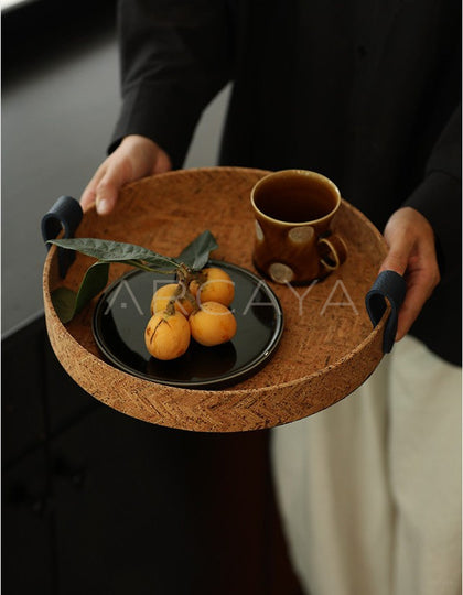 Natural Cork Woven Round Tray With Handle - scene