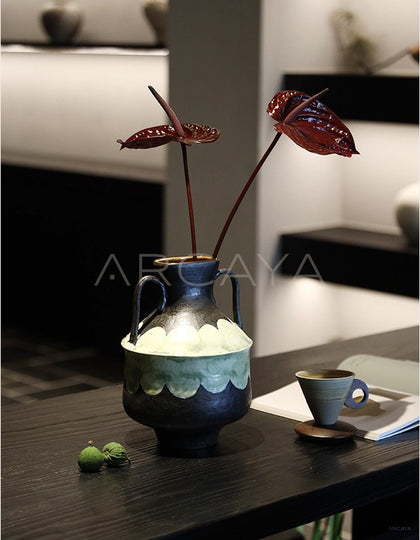 Dadan Double Ear Hand Painted Art Vase - scene