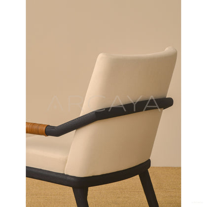 Old Money Oak Dining Chair Woven Leather Arms - scene