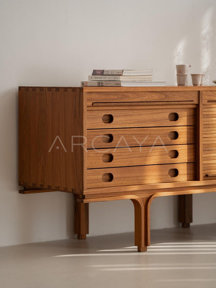 Burmese Teak Mid Century Tambour Cabinet - detail