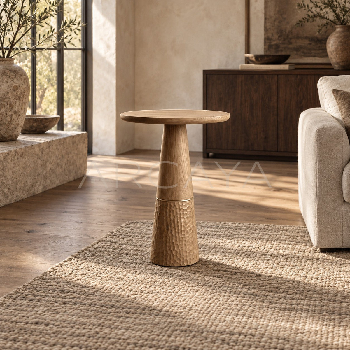 Ash Wood Hammered Side Table in detail