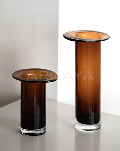 Mid Century Brown Black Gradient Cylinder Glass Vase - scene