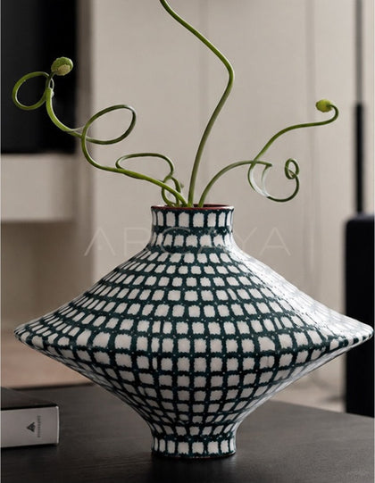 Dadan Dark Green Checkered Ceramic Vase - scene