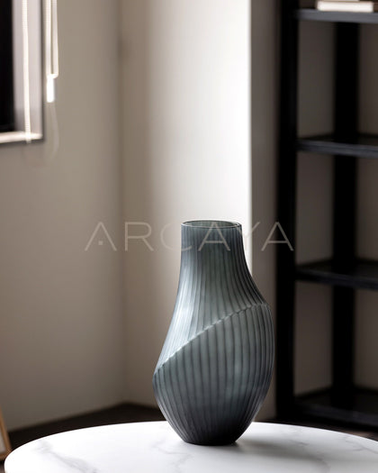 Hand Carved Irregular Dark Green Glass Vase - scene