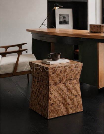 Vintage Woven Bamboo Side Table - scene