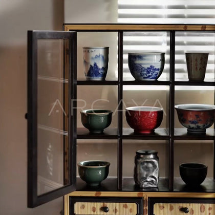 Glass Double Door Teacup Display Cabinet - detail