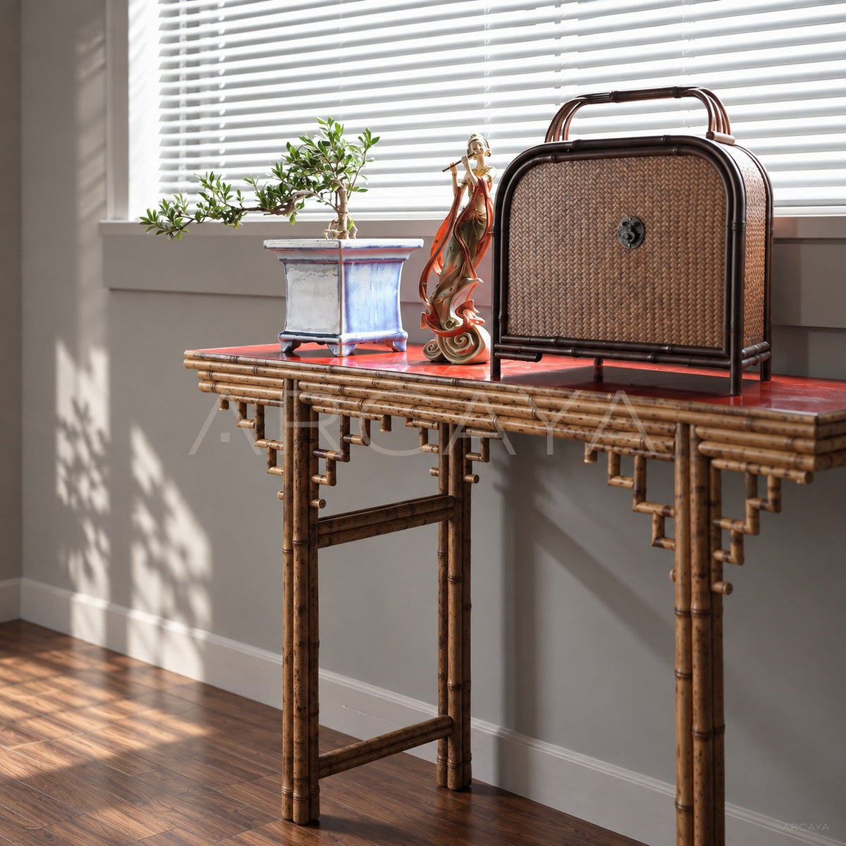 Red Top Bamboo Console Table in detail