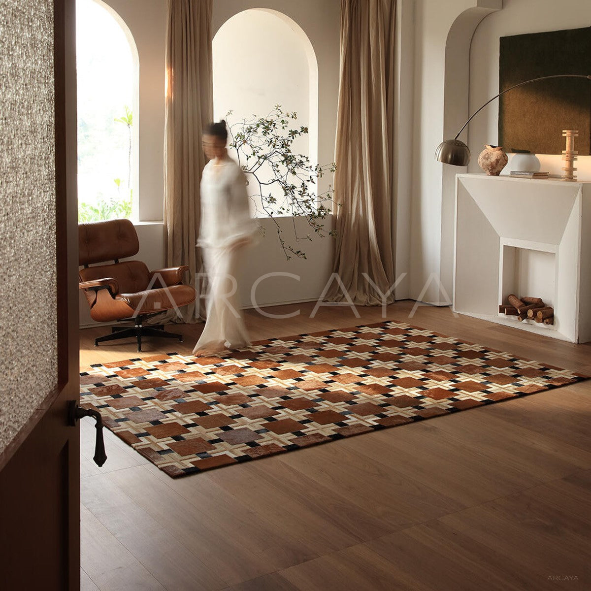 Geometric Patchwork Cowhide Rug in detail