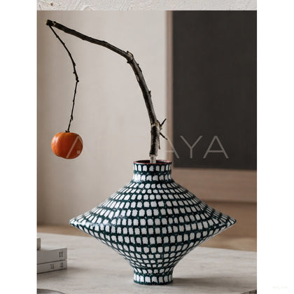 Dadan Dark Green Checkered Ceramic Vase - scene